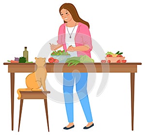 Girl make salad. Housewife cook eat home, cooking vegan food, diet lunch, healthy meal, preparation kitchen table