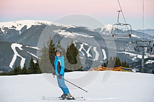 Girl makes ski mountaineering. Carpathian Mountains, Bukovel, Ukraine