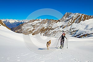 Girl makes ski mountaineering with dog