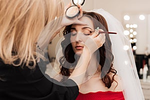Girl makeup artist brush to apply eye shadow on the eyelid of the model.