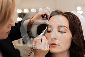 Girl makeup artist brush to apply eye shadow on the eyelid of the model. Close-up