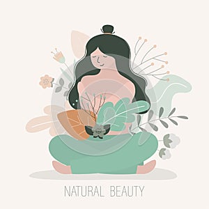 Girl without makeup in leafs and flowers. Portrait of naked woman. Concept of body positive, femininity and natural beauty