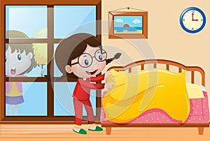 Girl making bed and dusting window