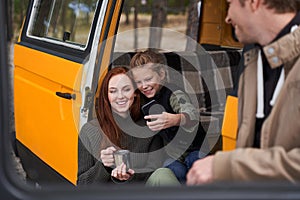 Girl making selfie with her mother