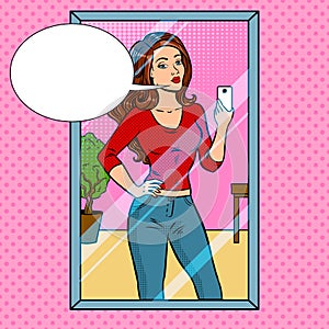 Girl is making selfie in the mirror pop art vector