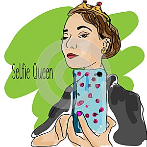 Girl making selfie with smartphone. Doodle vector illustration