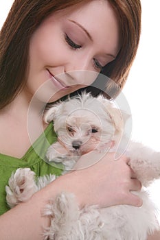 Girl with Maltese Dog photo