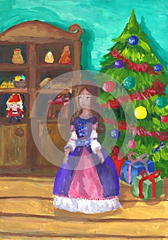 Girl Marie stands near the Christmas tree. Illustration of the tale of E. T. A. Hoffmann `The Nutcracker and the Mouse King.` Chil