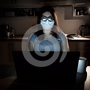 A girl in a mask and gloves learns during quarantine. A woman working overtime from home on a laptop. A freelancer is