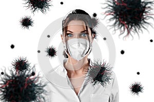 The girl in the mask protects herself from virus particles flying in the air on a white background. Coronavirus, COVID-19,