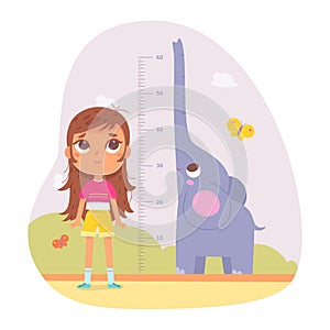 Girl measuring height with inch ruler chart vector illustration. Cartoon kid standing with cheerful elephant raising