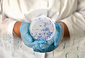 a girl in a medical gown and gloves holds a photo of Trichomonas from a microscope in a round frame photo