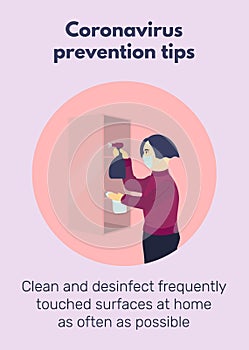 Girl in medical mask is cleaning shelf with rag and sprayer. Coronavirus prevention tips poster with text desinfect frequently