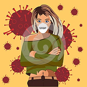 A girl in a medical mask, with the words stop, against the background of the coronavirus bacteria