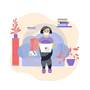 Girl in medical mask working with laptop or studying online at home. Student or freelancer character work in cozy room