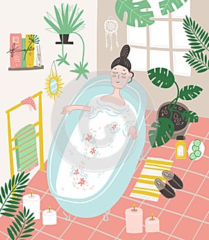 Girl meditate and relax in the aroma bath in the bathroom. Self-care time.