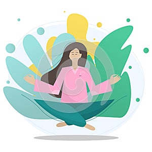 Girl meditates in a lotus position against a background of large abstract leaves. A girl in an abstract style. Mental calm, relaxa