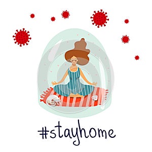 The girl is meditating at home. Poster keep calm, stay home. Self-isolation concept, coronavirus epidemic CoVID-19