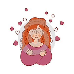 The girl is meditating. A positive attitude towards yourself. Psychology. Emotions. Vector illustration in a flat style.