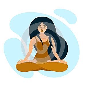 Girl in meditation on a background of blue clouds in a flat style. Healthy lifestyle, self-care.