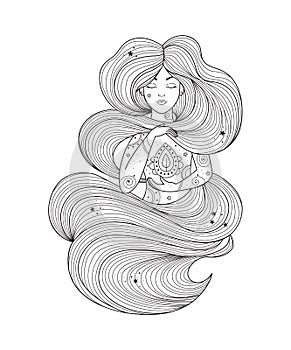Girl in meditation with light. For coloring pages. Line art