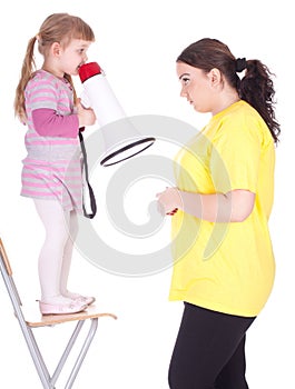 Girl with megaphone and fat mother