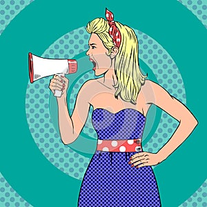 Girl with megaphone or loudspeaker in pop-art