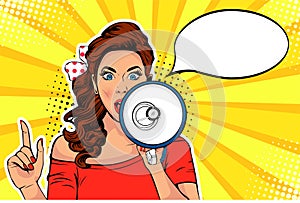 Girl with megaphone pop art retro vector illustration. Woman with loudspeaker. Female announcing discount or sale.