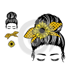 Girl with a Messy Bun, Momlife sunflower bow, Silhouette of a woman face with messy hair in a bun with flowers photo