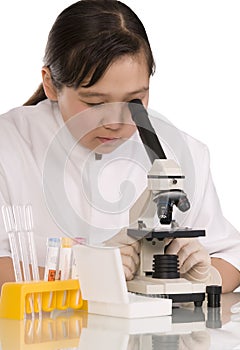 Girl with microscope.