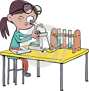 Girl with a microscope is doing an experiment and writing down the details