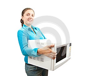 Girl with microwave oven