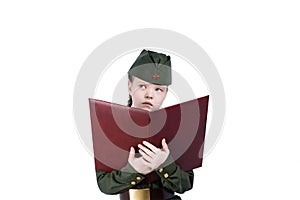 Girl in military uniform reading a folder, isolated on white