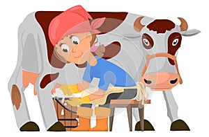 Girl milking cow. Cartoon woman farmer character