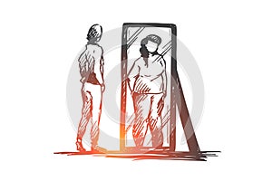 Girl, mirror, body, distorted, weight concept. Hand drawn isolated .