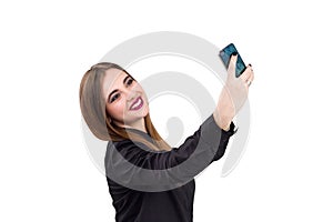 Girl with mobile phone in hand. Business style