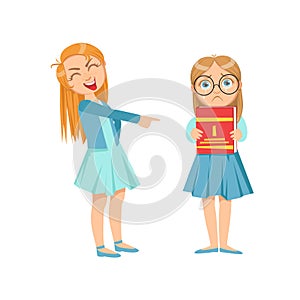 Girl Mocking Clever Kid In Glasses Teenage Bully Demonstrating Mischievous Uncontrollable Delinquent Behavior Cartoon