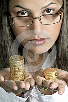 Girl model with gold coins