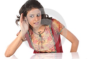 girl in modern costume trying to hear