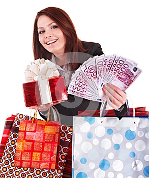 Girl with money euro, gift box and bag.