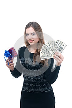 Girl with money and giftbox in her hands