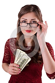 Girl with money in glasses