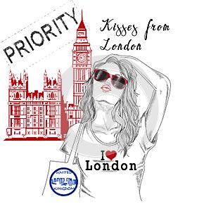 Girl with monument background and post stamps - London -