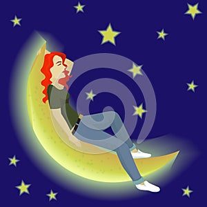 Girl on the moon with sky background