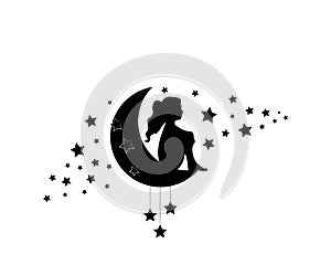 Girl on a moon with stars isolated on white background, vector
