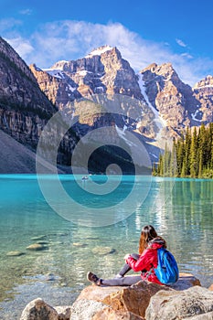 Girl on Moraine Lake in the Canadian Rockies of Banff National Park