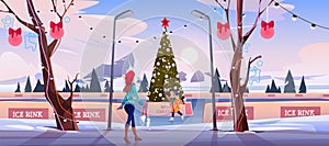Girl mother on Christmas ice rink with fir tree