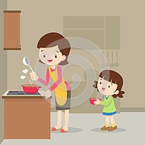 Girl and mother cooking in the kitchen