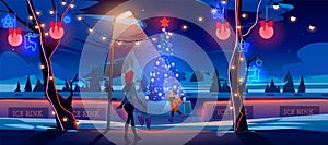 Girl mother night Christmas ice rink with fir tree