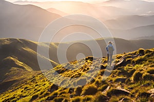 Girl on mountain peak with looking at beautiful mountain valley